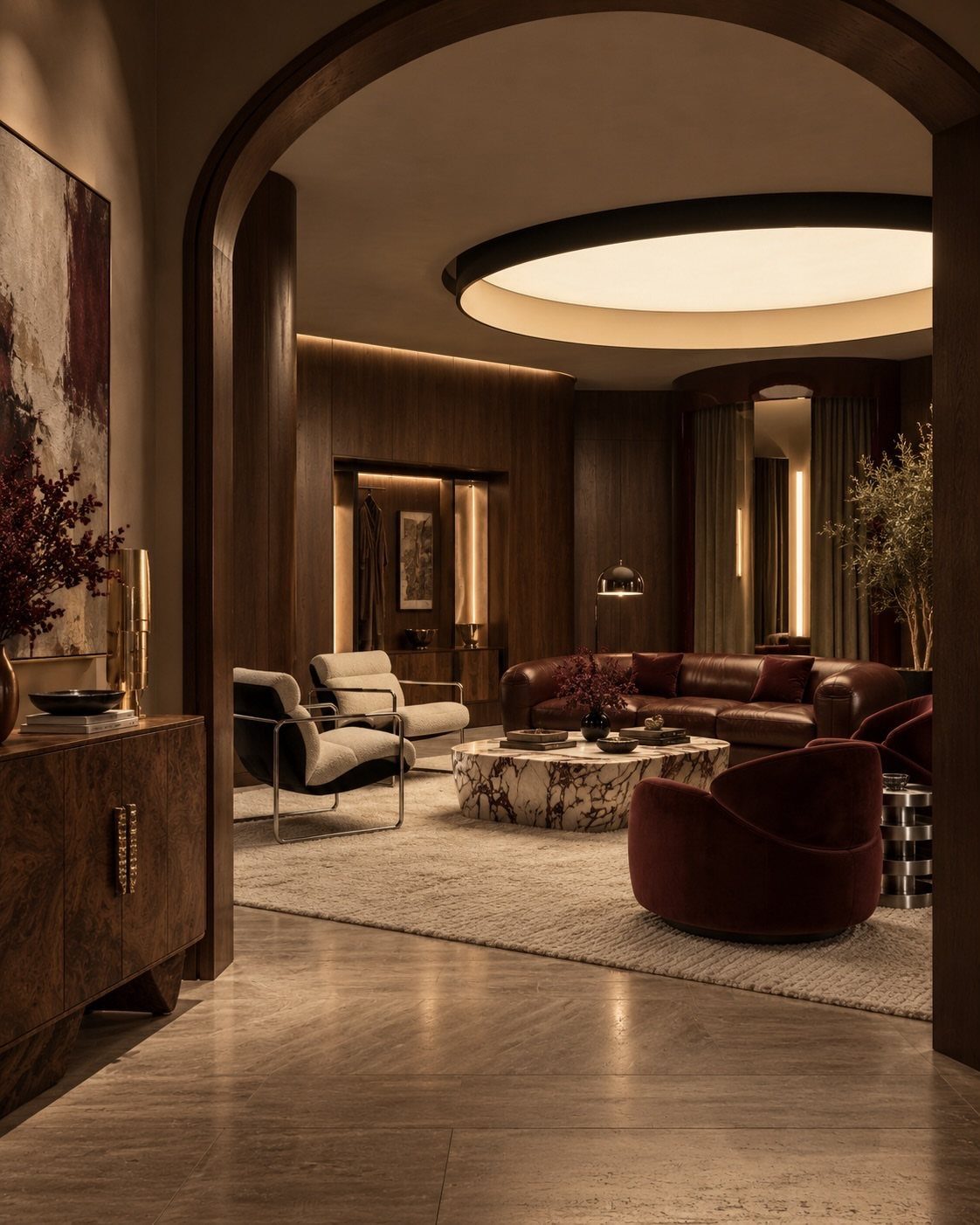 Brown leather sofa in a luxury living room with marble table and archway
