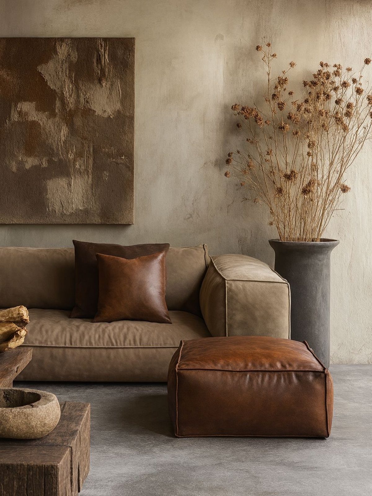 Brown leather sofa and ottoman in a minimalist room with dried floral arrangement