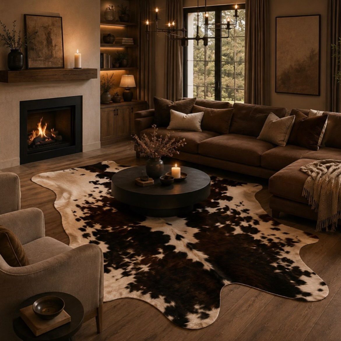 Brown and white cowhide rug under a black coffee table in a living room