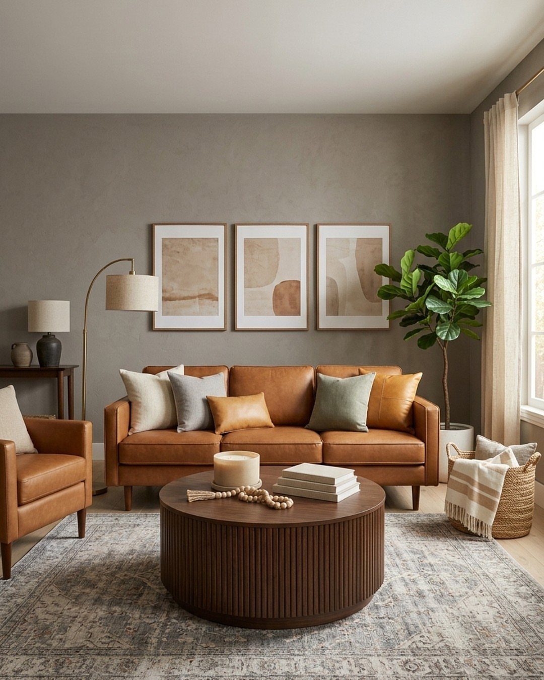 Brown leather sofa and round wooden coffee table in a modern living room
