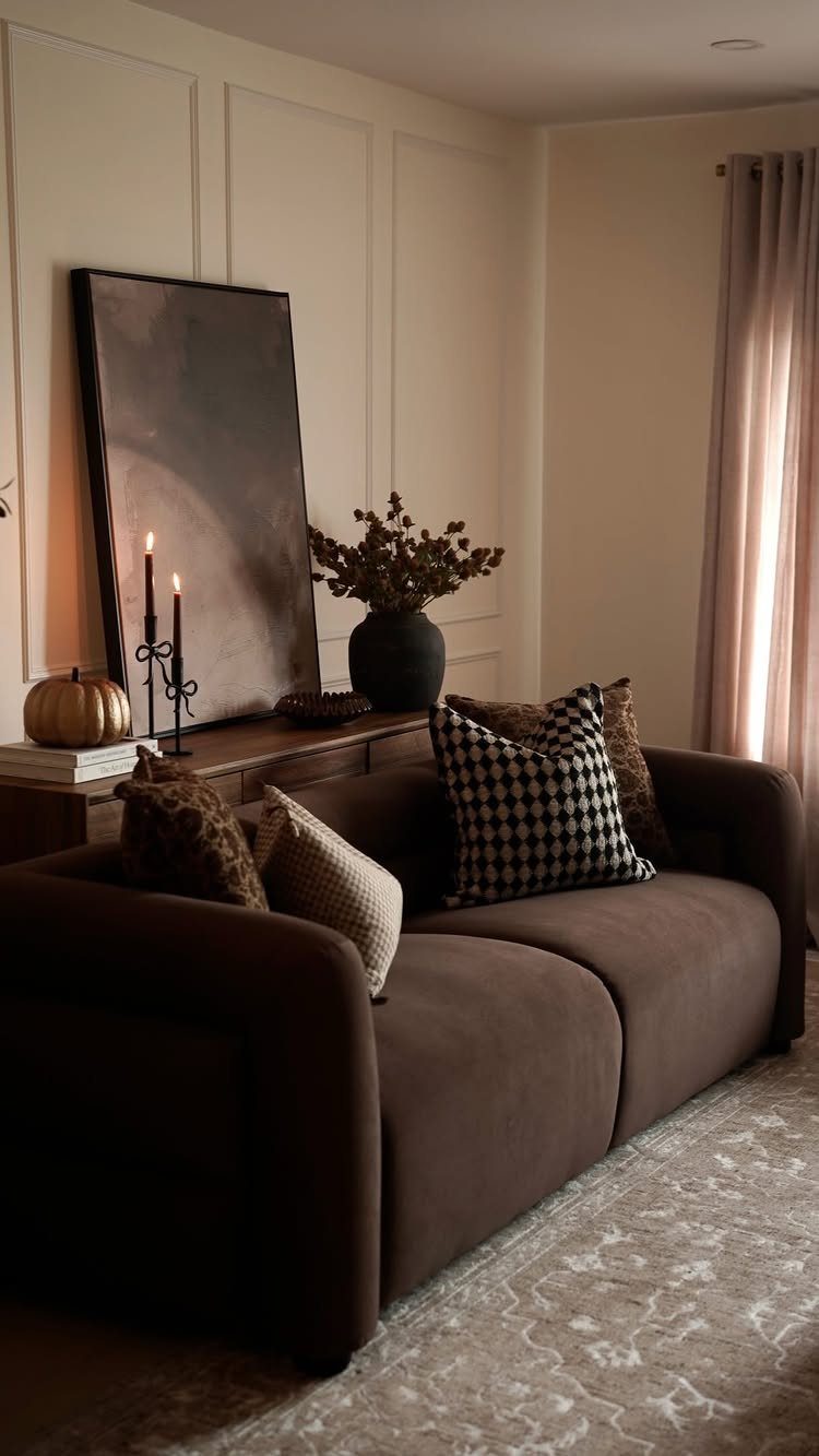 Brown fabric sofa with decorative pillows in a neutral living room with paneled walls