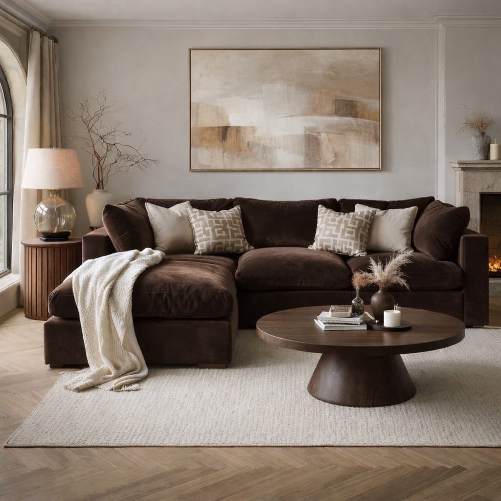 Brown sectional sofa with a round wooden coffee table in a neutral living room.