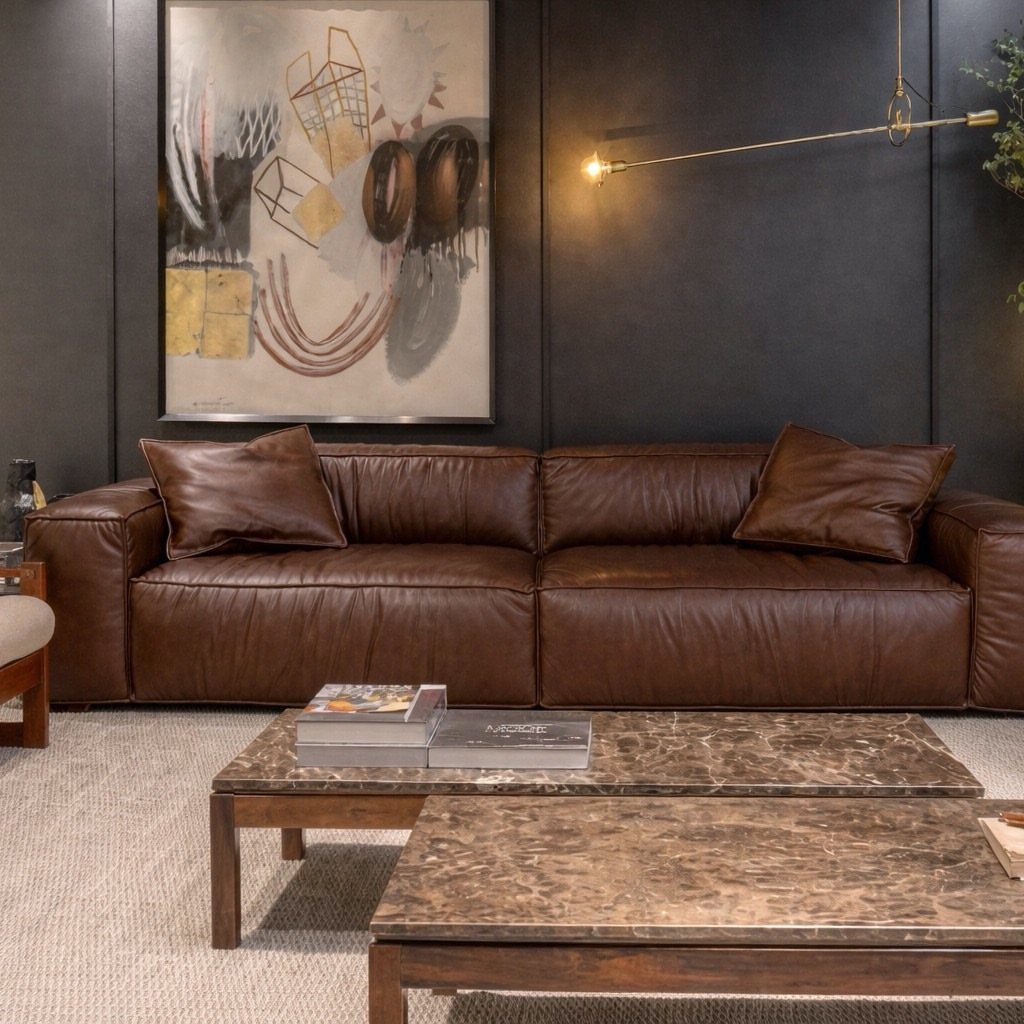 Brown leather sofa against a dark brown wall with oversized abstract art above.