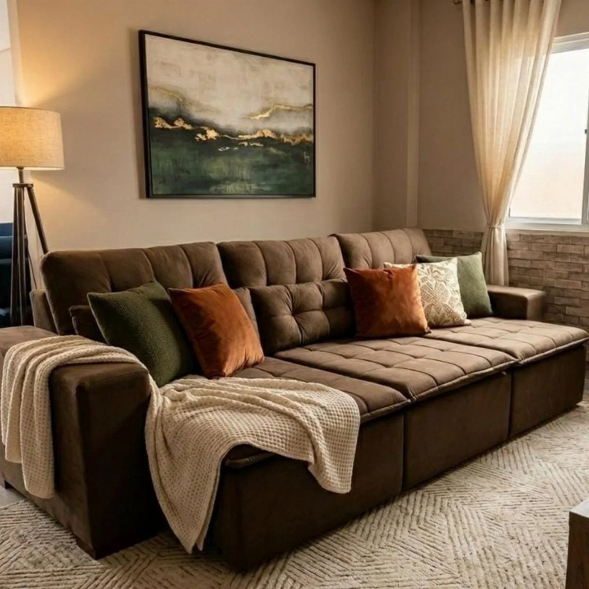 Brown sectional sofa with rust and green pillows and a cream throw blanket.