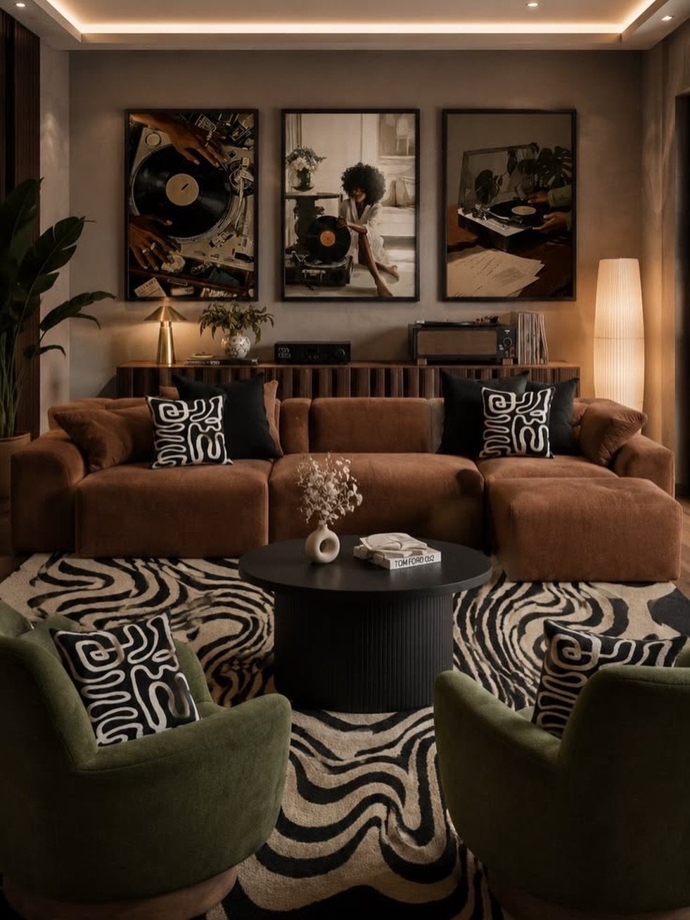 Olive green armchairs and a brown sofa in a modern living room setting.