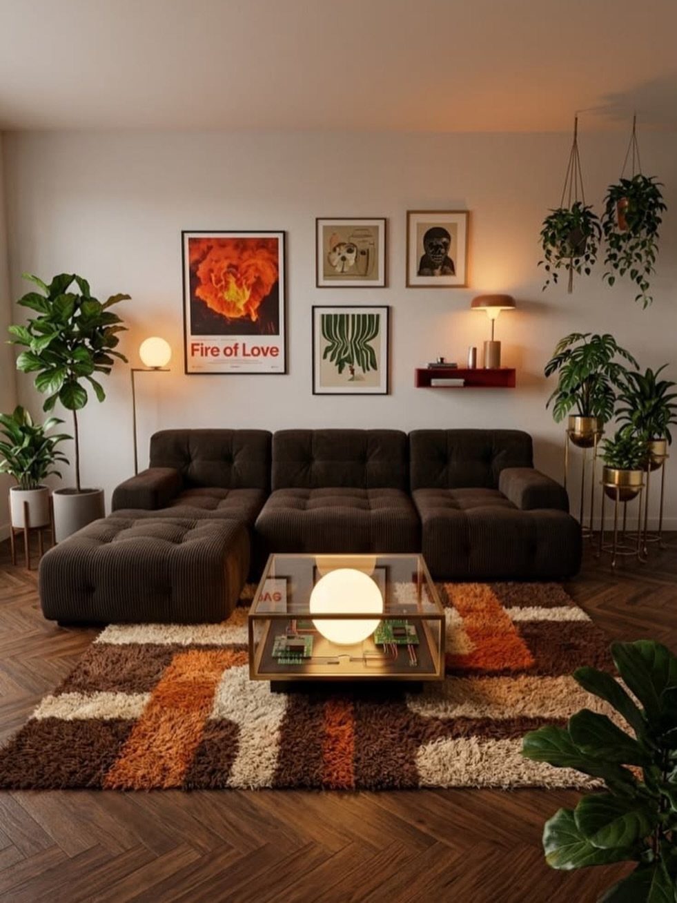 Dark brown modular sofa in a living room with a patterned shag rug.