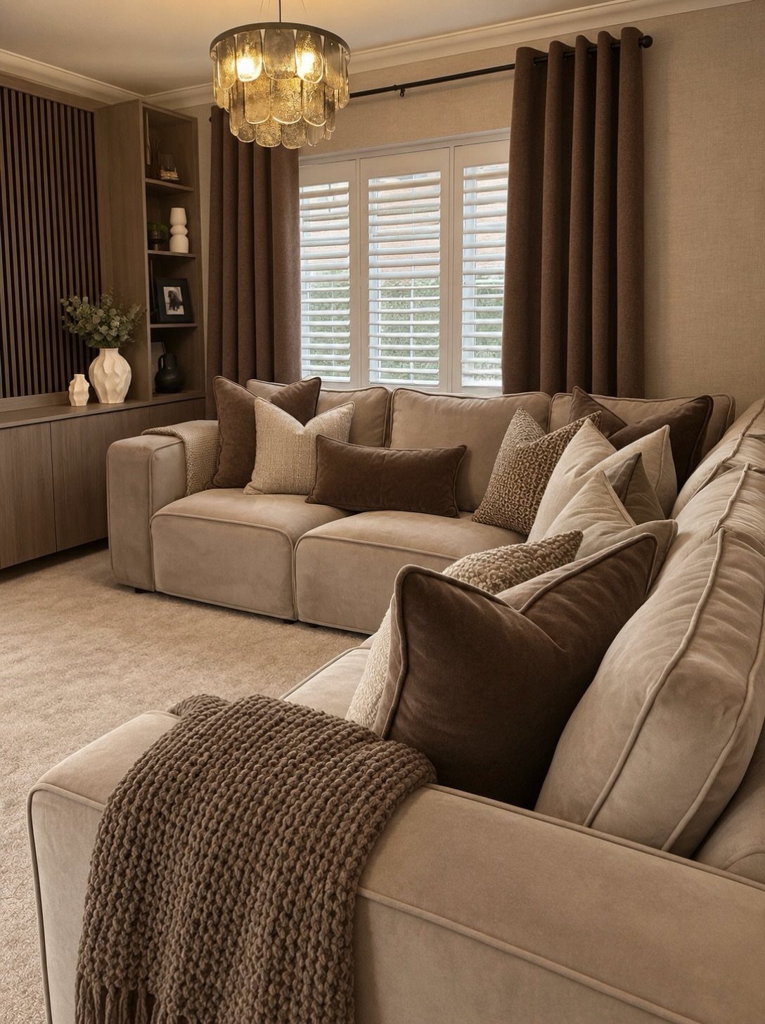 Beige fabric sofas with brown cushions and a knitted throw on cream carpet.
