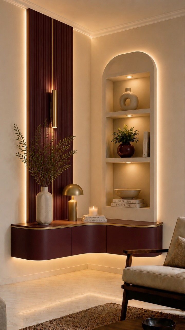 Curved burgundy floating cabinet and arched recessed shelving in a modern living room.