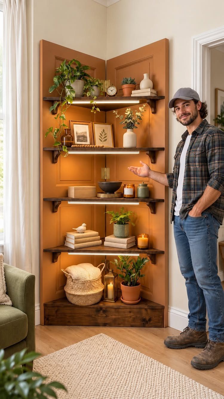 Corner shelving unit with integrated lighting and decor next to a smiling man.