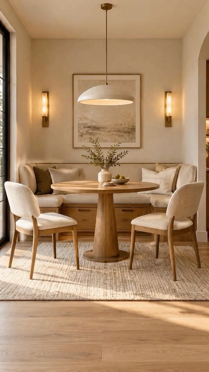 Built-in wooden dining bench with storage drawers, round table, and cream chairs.
