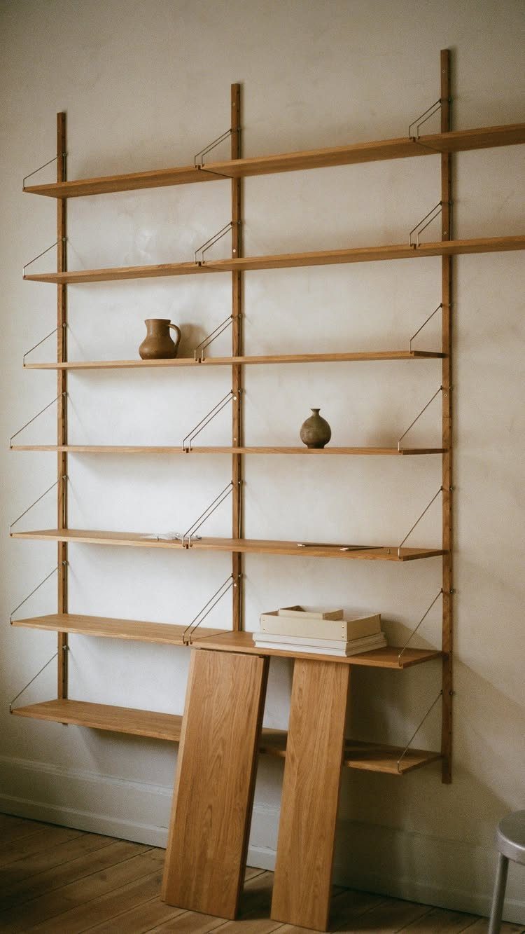 Wooden wall-mounted shelving system with an integrated desk in a neutral room