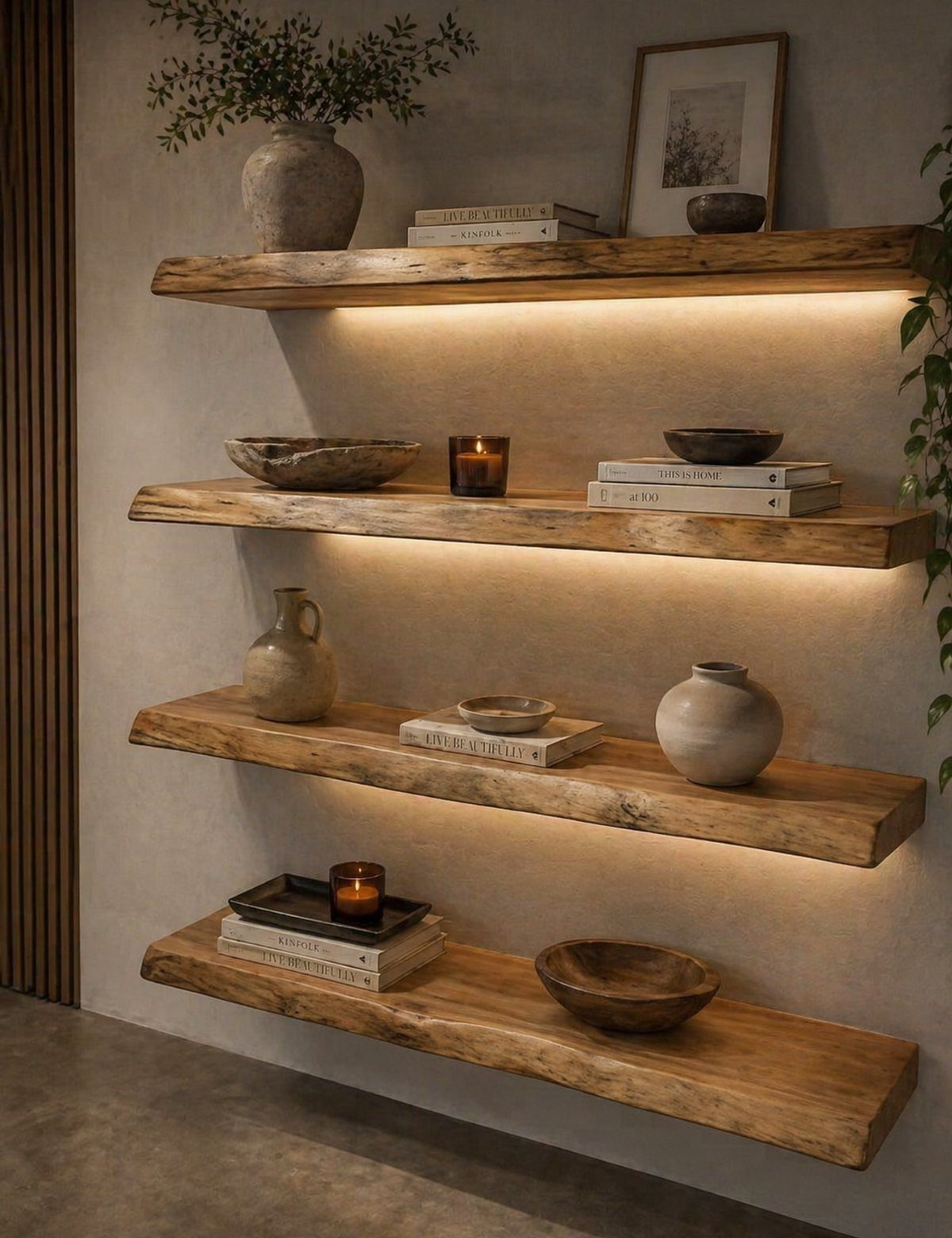 Live-edge wooden floating shelves with warm integrated under-shelf lighting and decorative ceramics.