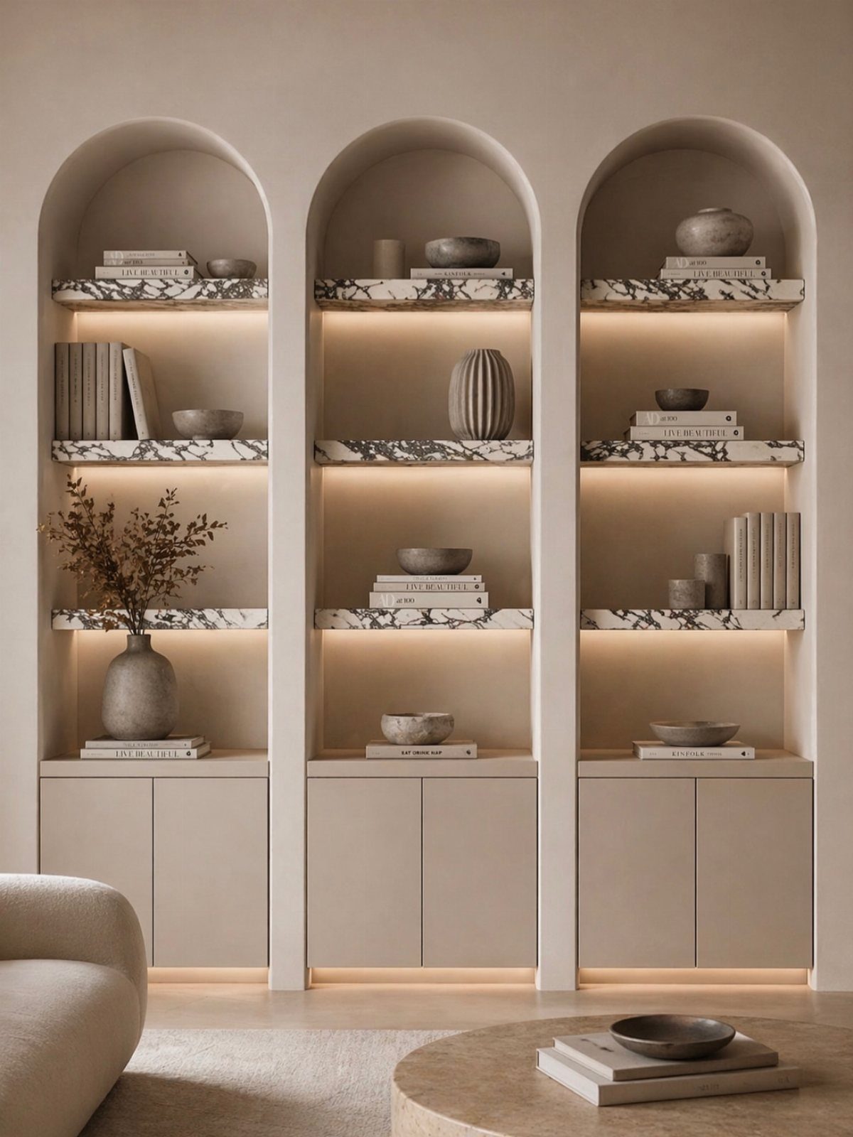 Three arched built-in wall niches with marble shelves, integrated lighting, and beige cabinets.