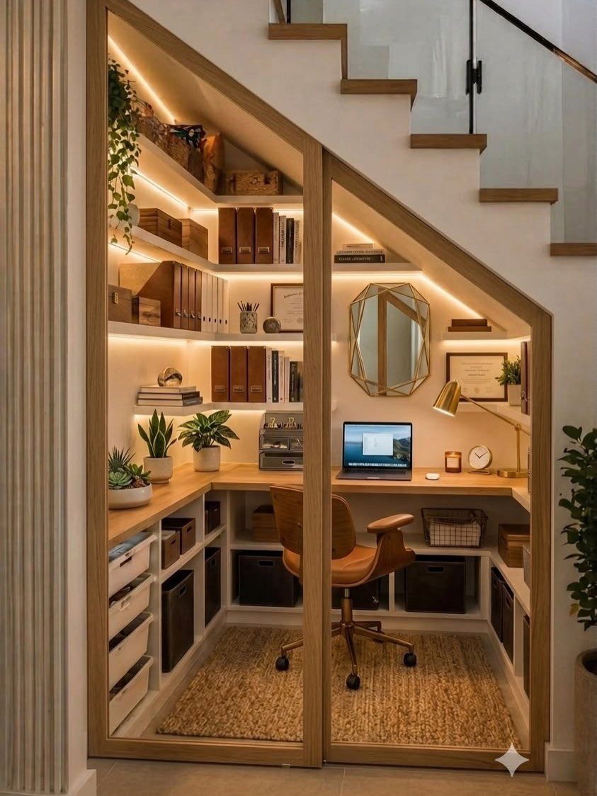 Under-stair home office with built-in wooden shelves, a desk, and warm integrated lighting.