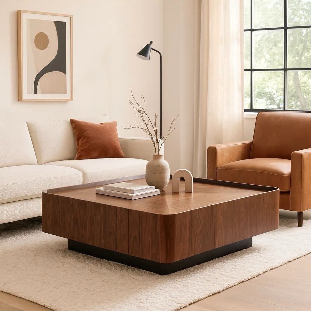 Square dark wood coffee table surrounded by a white sofa and tan leather armchair.