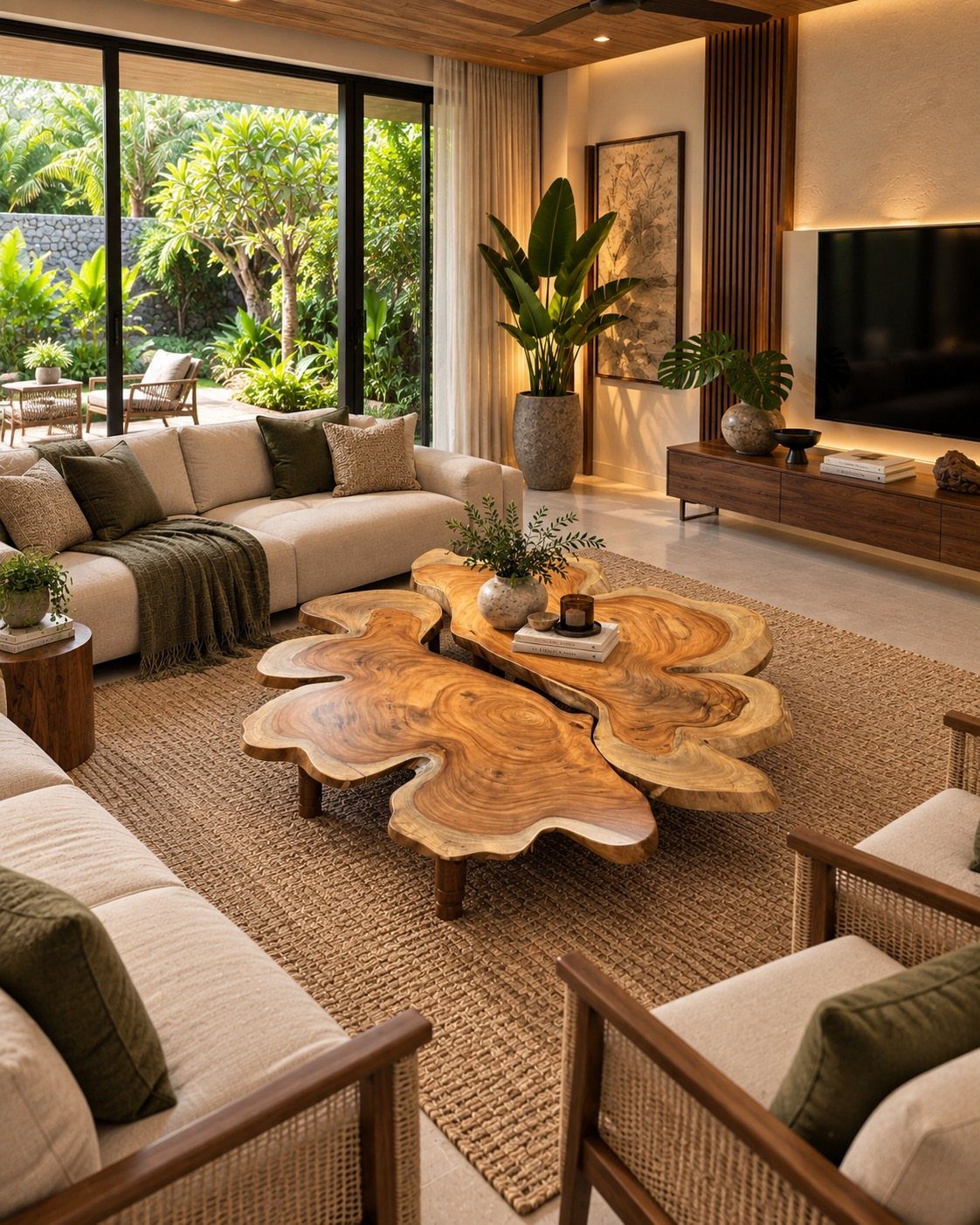 Organic live-edge wood coffee table in a modern living room with tropical views.