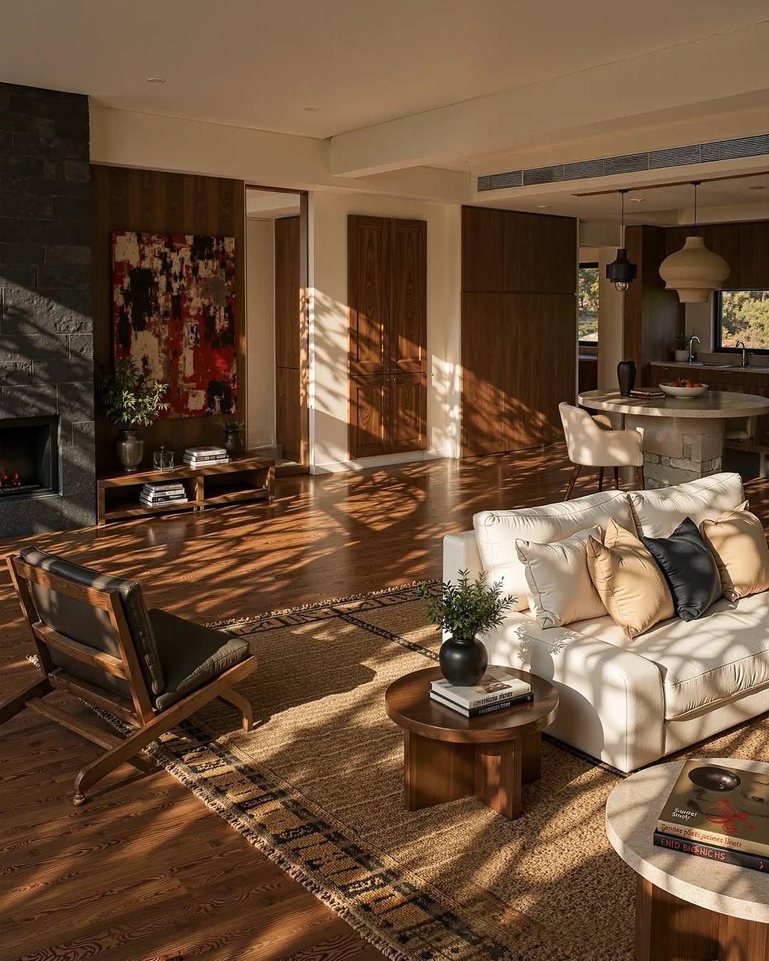 Modern farmhouse living room with white sofa, leather chair, and warm wood accents.