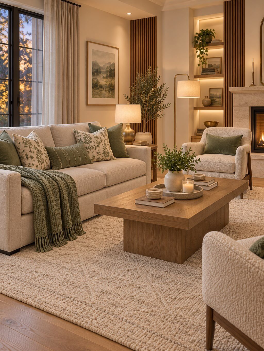 Beige sofa with sage green accent pillows and throw in a farmhouse living room.