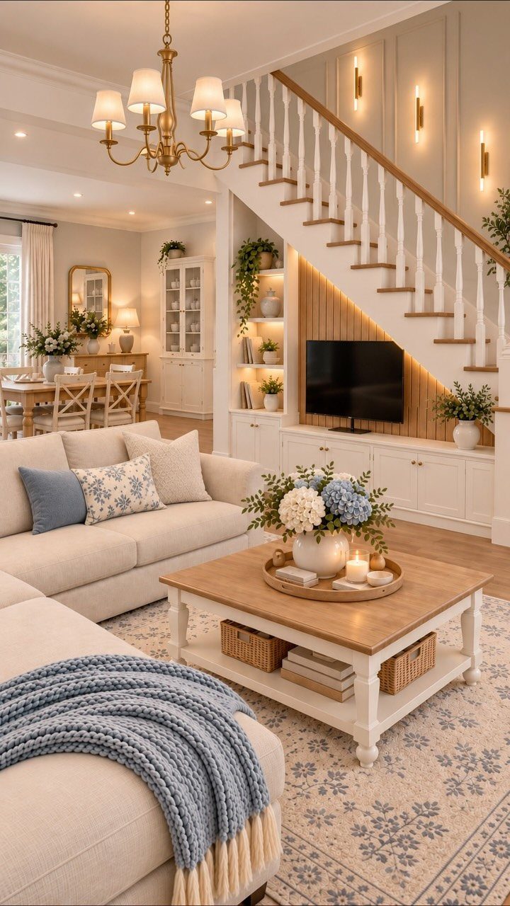 Beige sectional sofa and wooden coffee table in a neutral contemporary farmhouse living room.