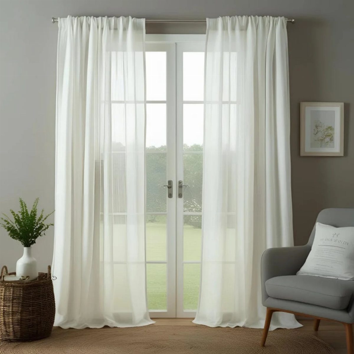 Sheer white curtains framing white French doors in a neutral living room setting.