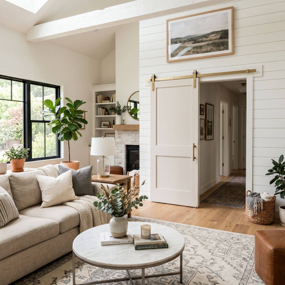 White shiplap walls and a sliding barn door in a bright farmhouse living room.