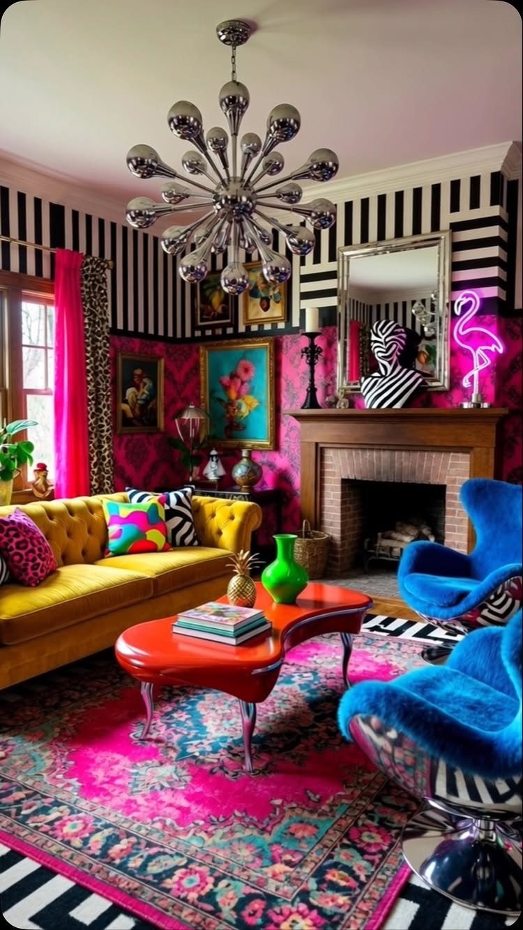 Vibrant living room with bold colors, patterns, and eclectic furniture in maximalist style.