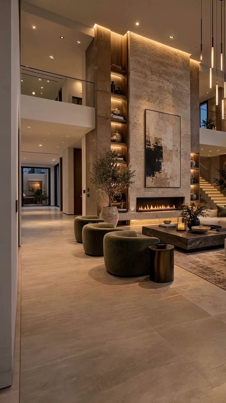 Modern living room with stone fireplace, green velvet ottomans, and neutral tiled floors.