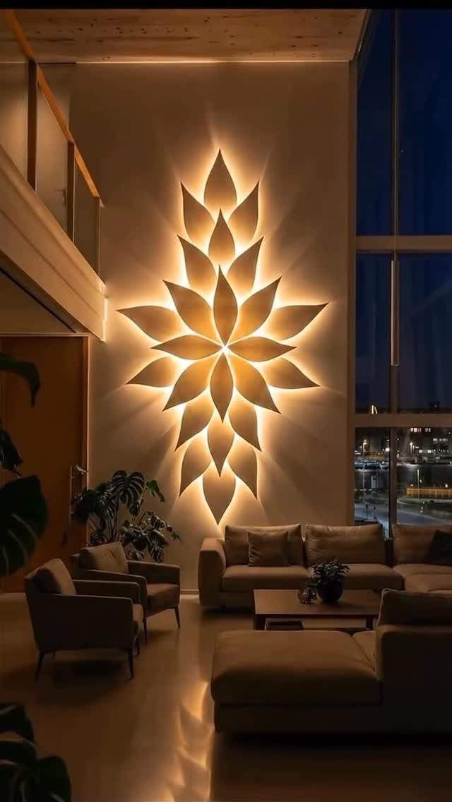 Modern living room with a large glowing lotus wall light and beige furniture.