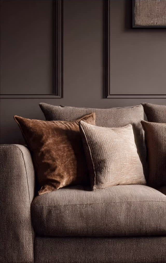Grey fabric sofa with brown cushions against a dark charcoal paneled wall.