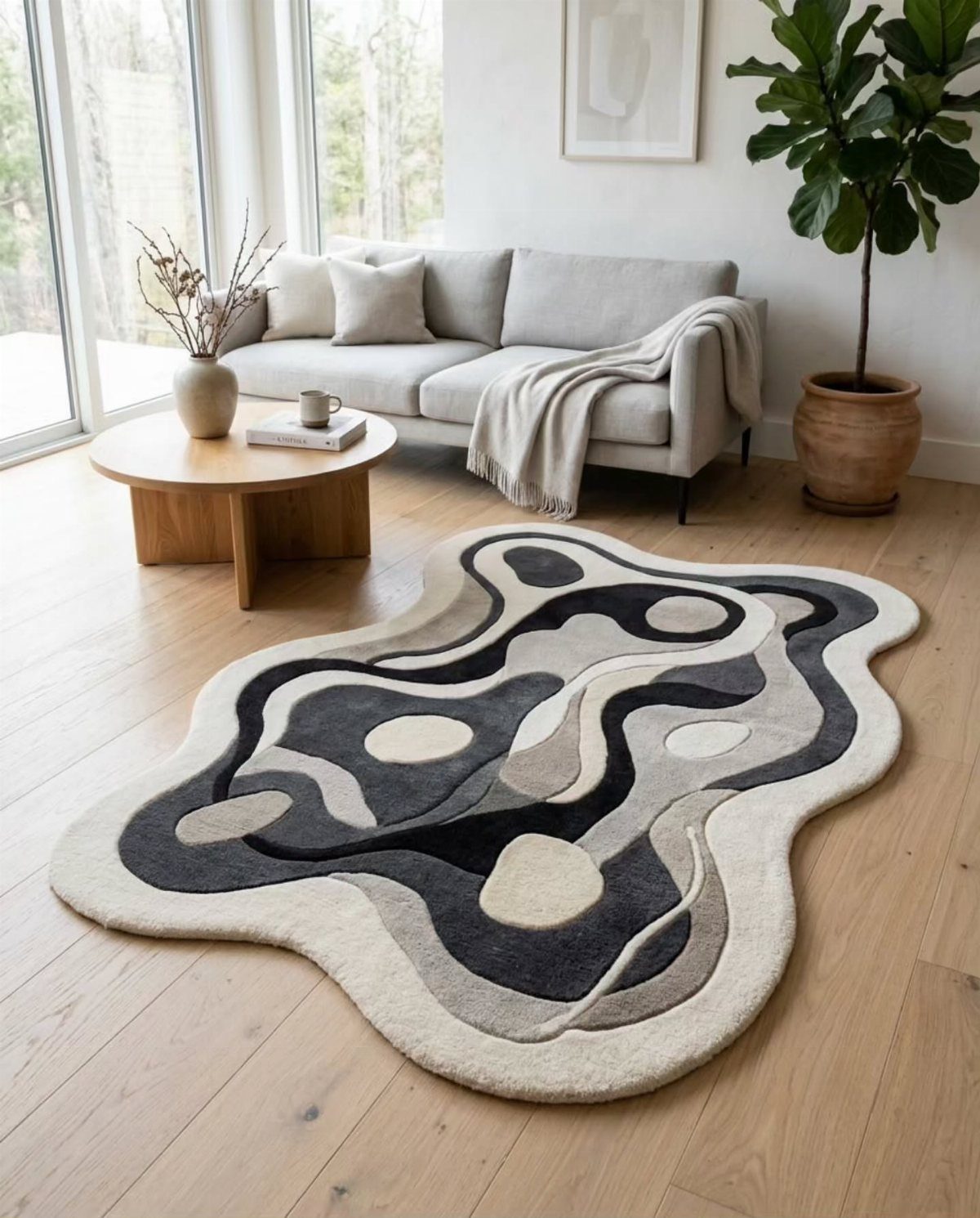 Abstractly shaped rug with organic curves in a bright, modern living room.
