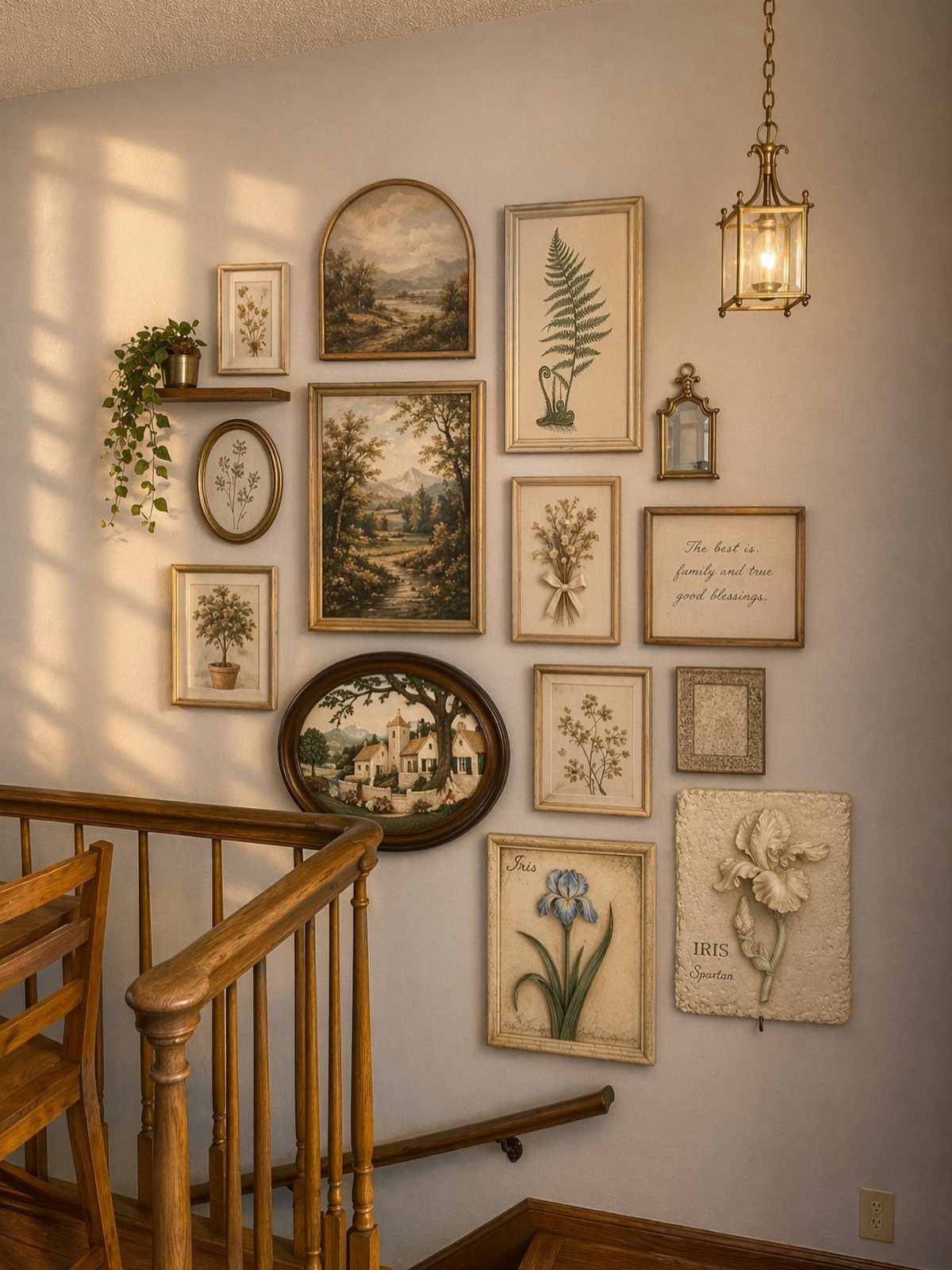 Gallery wall with vintage botanical and landscape art frames next to wooden stairs.