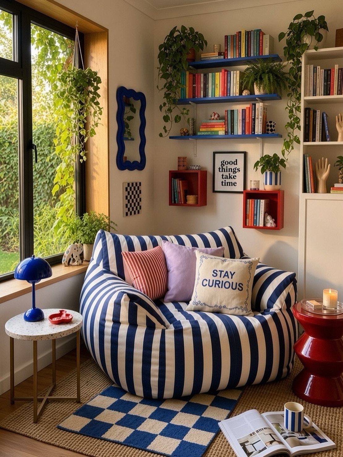 Blue and white striped beanbag chair in a colorful room with plants and books.