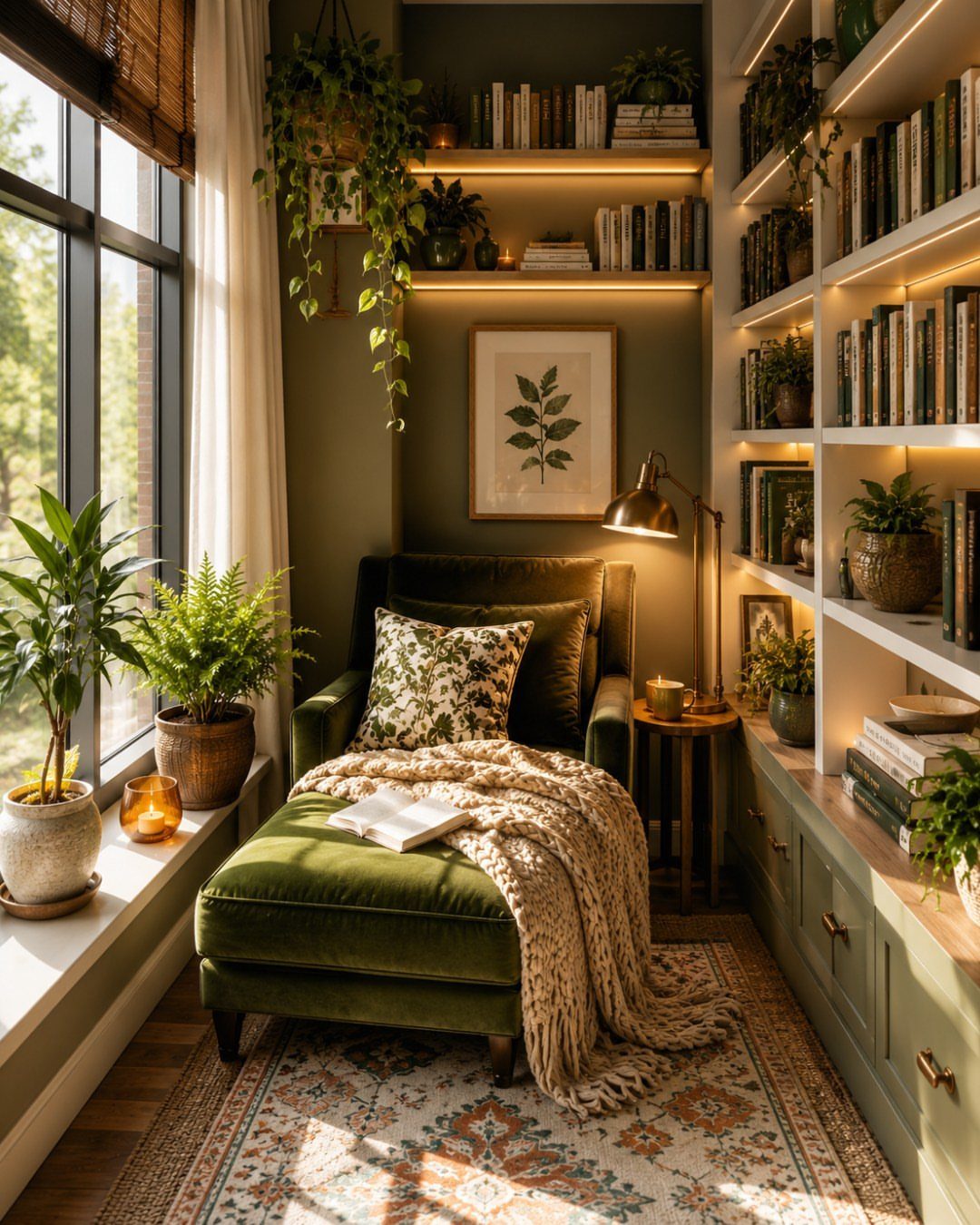 Green velvet armchair and ottoman in a cozy reading nook with bookshelves and plants