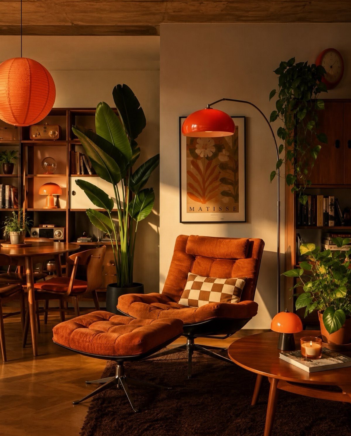 Orange mid-century modern lounge chair and ottoman in a warm, plant-filled living room.