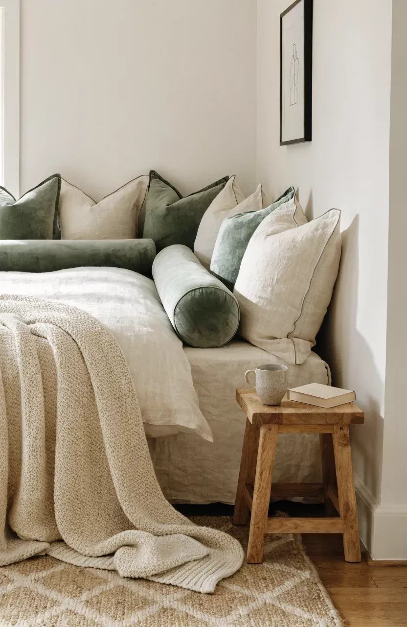 Bed with white linens and green and cream velvet accent pillows and bolsters.