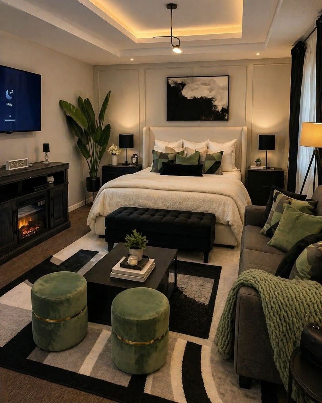 Grey couch with green accents matching the bedding in a modern bedroom