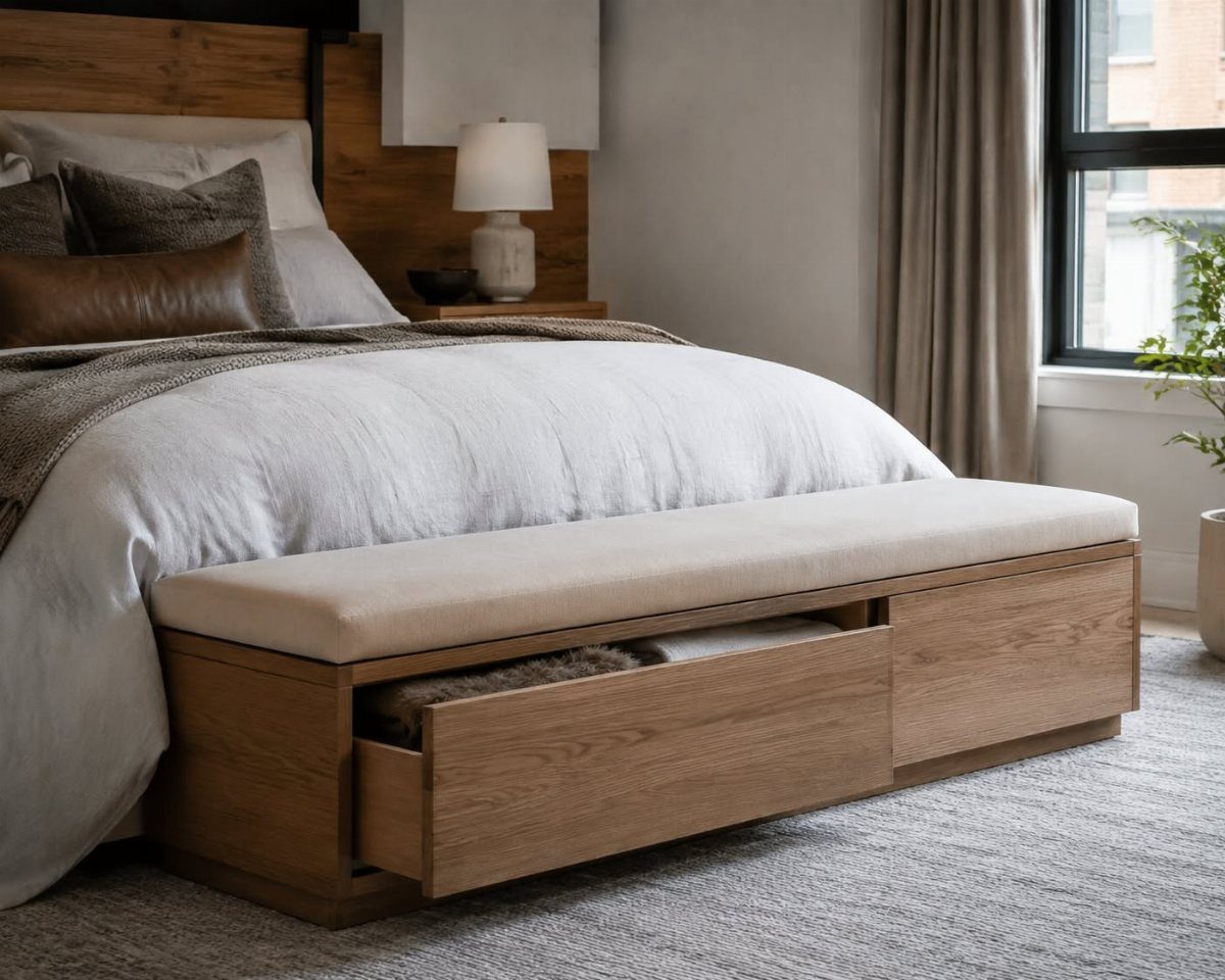 Wooden storage bench with beige cushion placed at the foot of a bed.