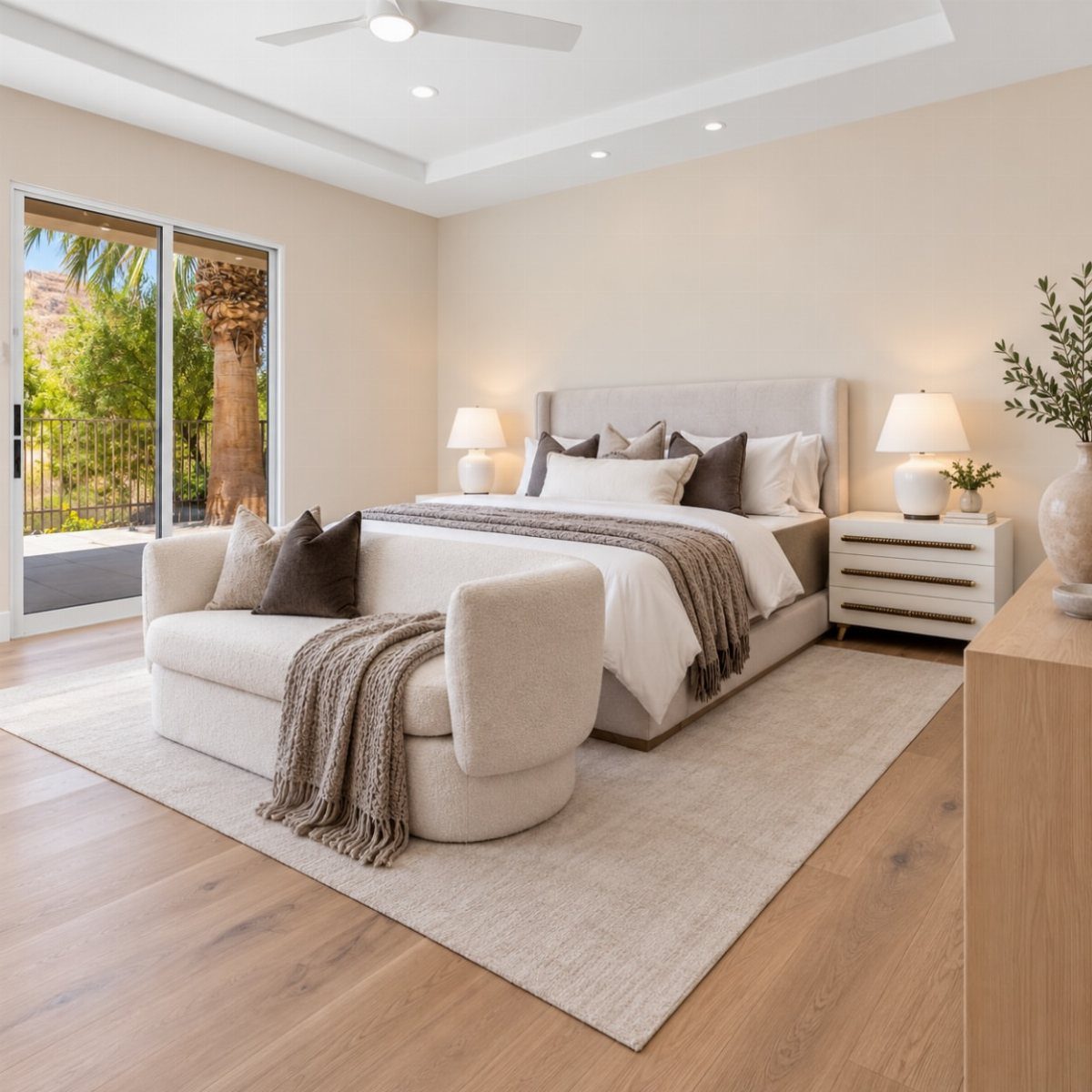 Curved cream sofa with brown pillows placed at the foot of a bed.