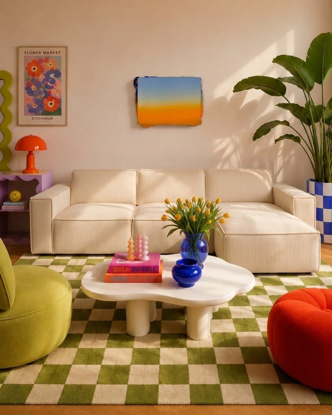 Colorful living room with a ribbed cream sofa, checkered rug, and vibrant furniture.