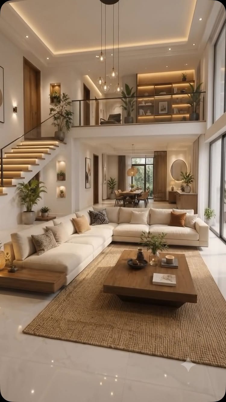 White sectional sofa on a jute rug separating the living and dining areas.