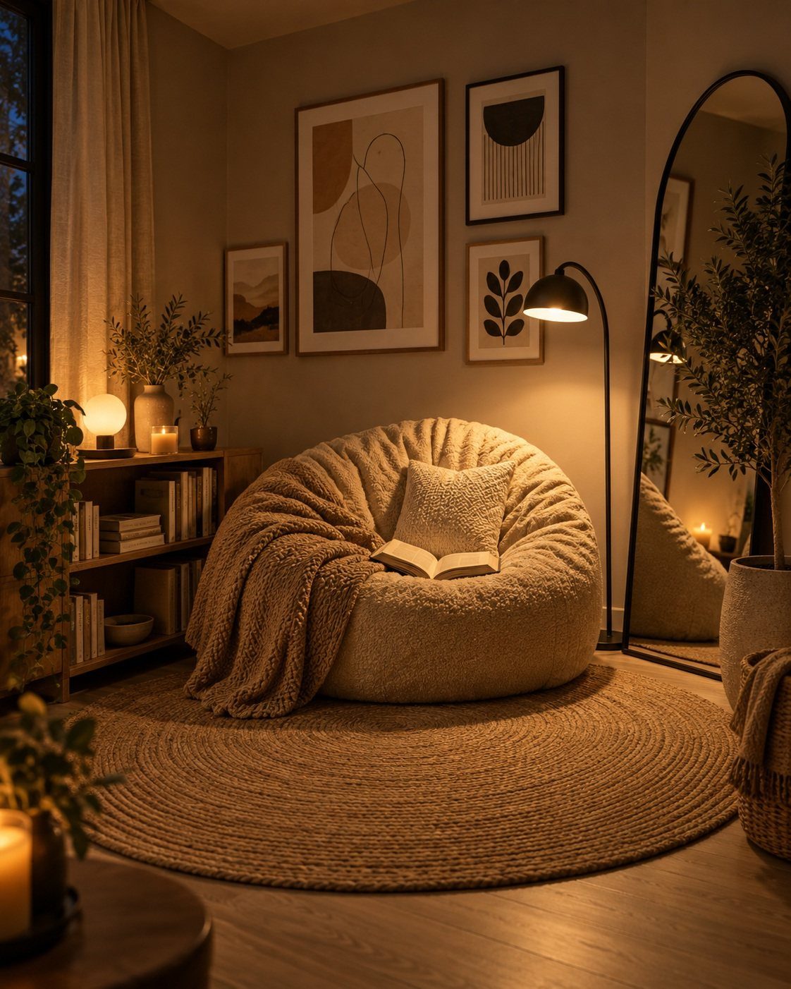 Cream textured bean bag chair with a throw blanket and cushion on a jute rug.