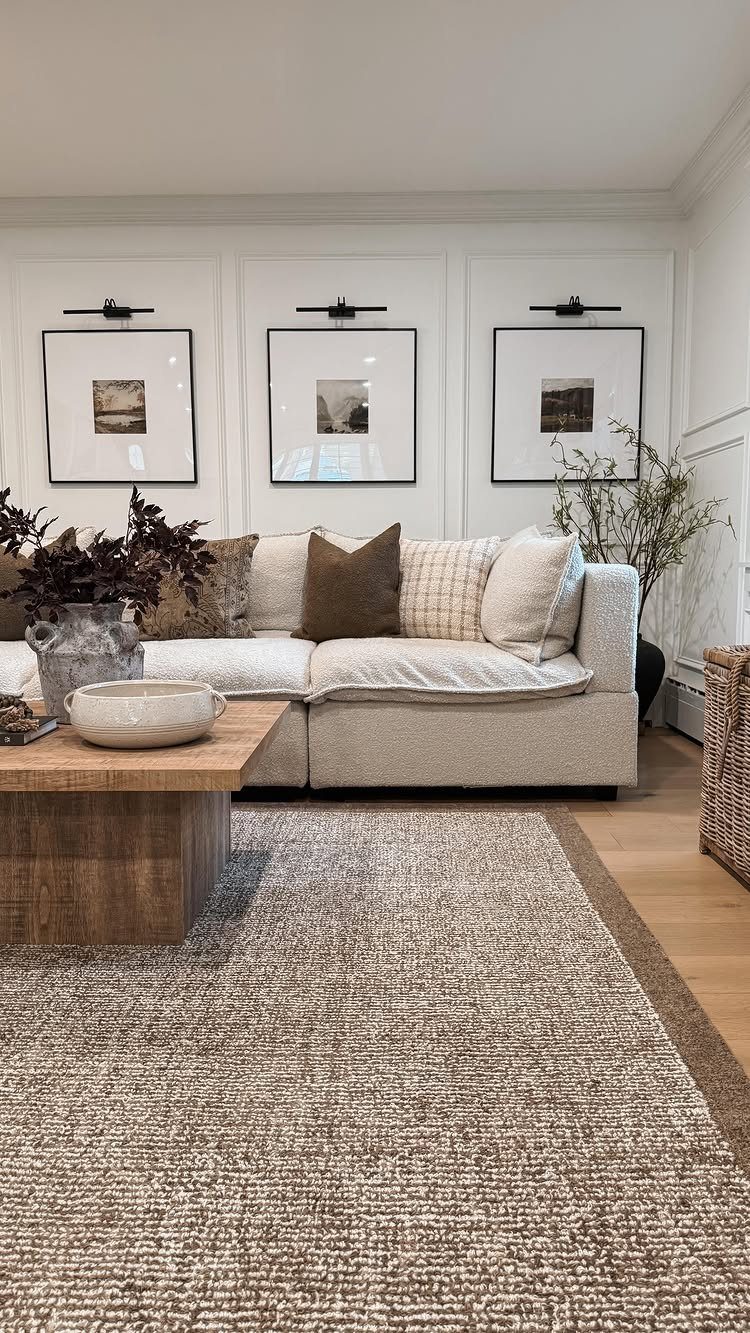 White sofa with neutral cushions anchored by a large textured beige area rug.