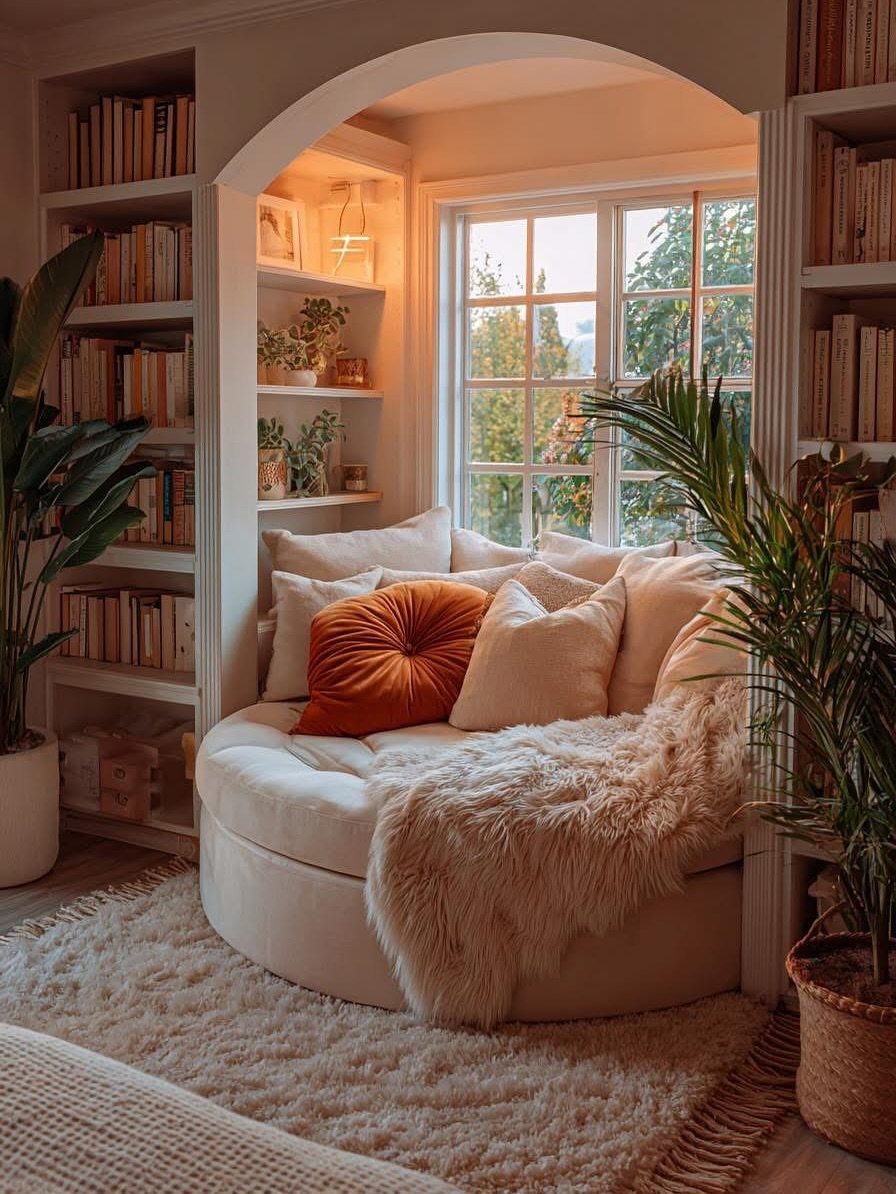 Curved white seating nook with plush pillows and faux-fur throw under an archway.