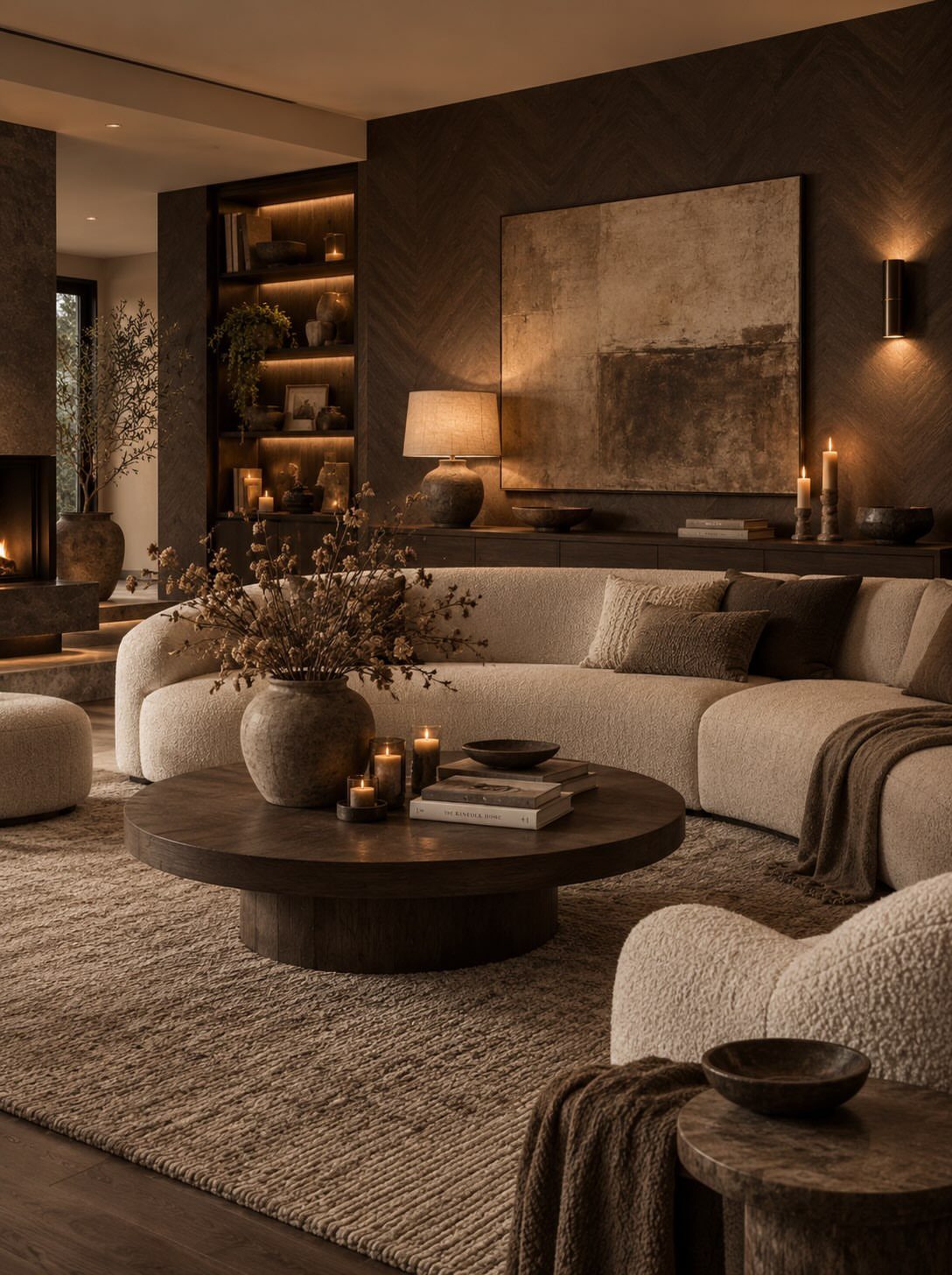 Curved cream sofa and dark wooden coffee table in a moody living room