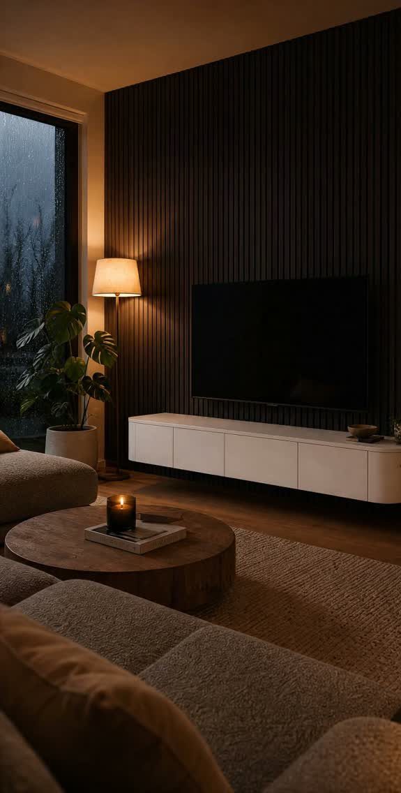 Dark slatted accent wall in a living room with a white media console.