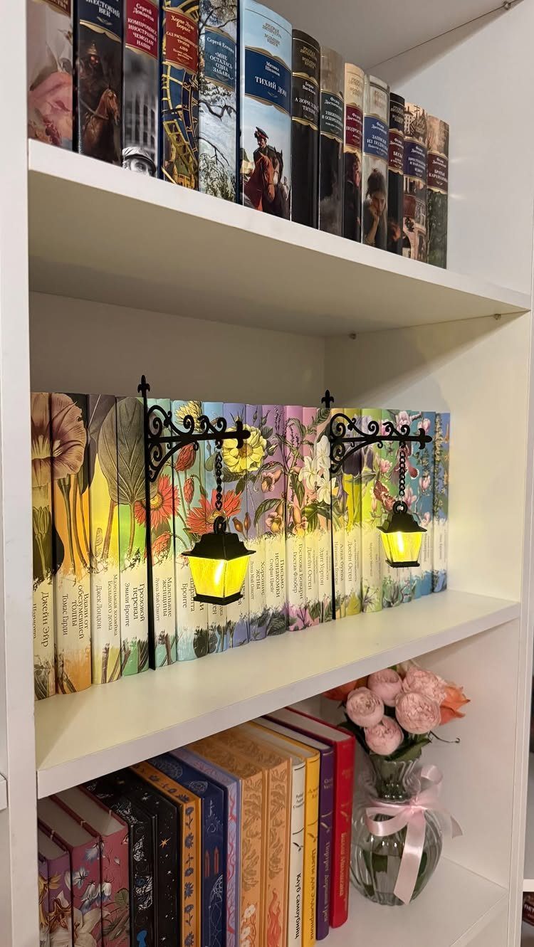 Colorful books on white shelves with glowing miniature lanterns and pink roses.
