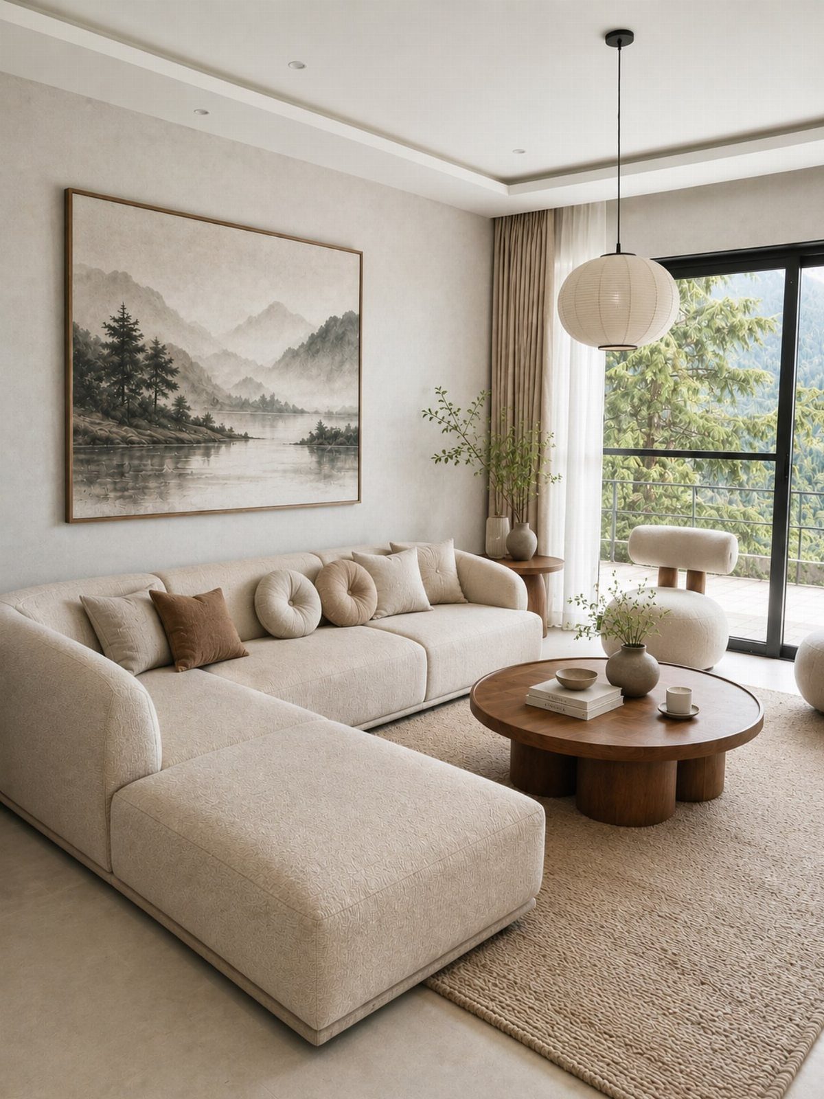 Round wooden coffee table in a modern living room with a beige sectional sofa.