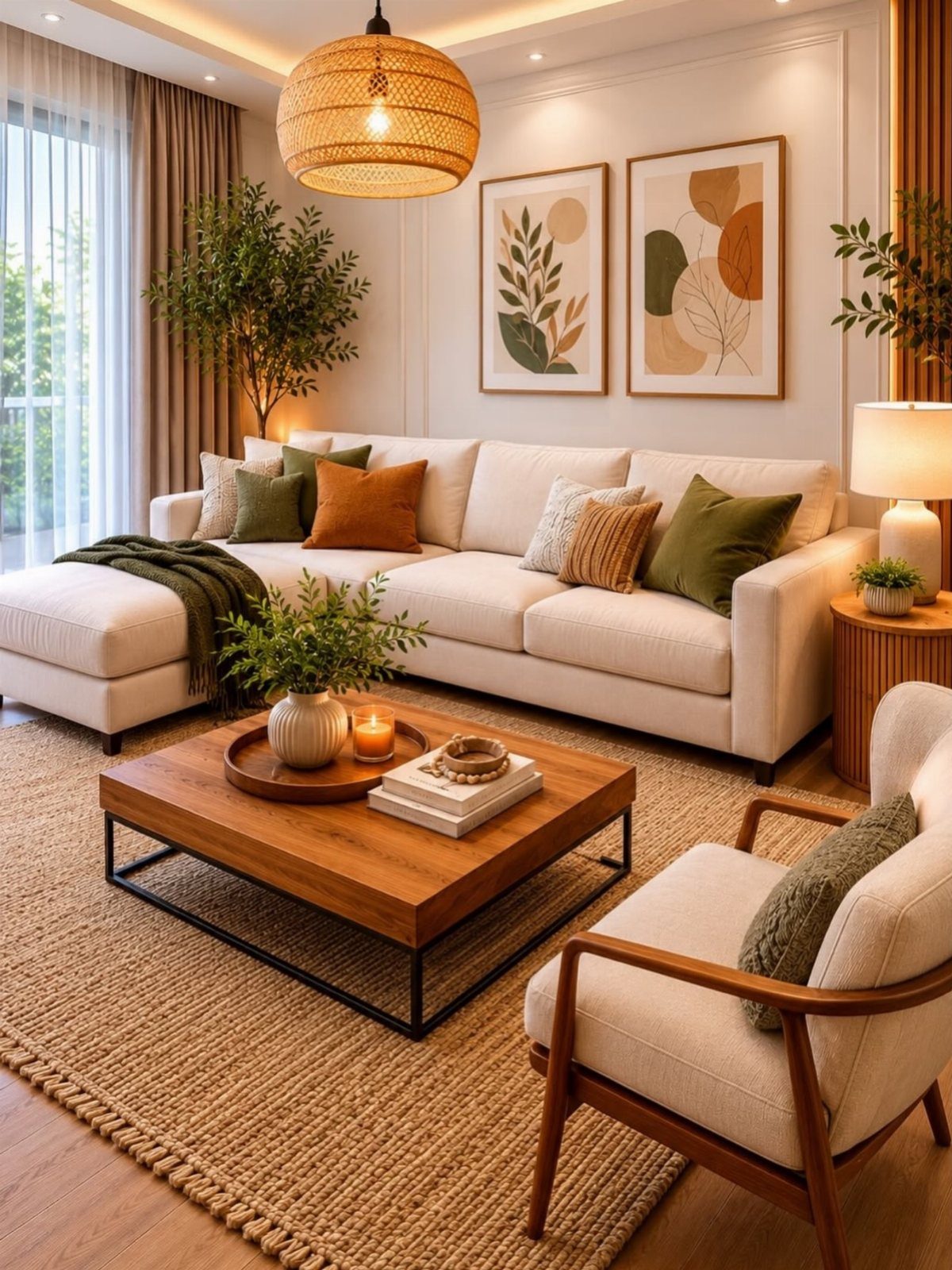 Cream sectional sofa with colorful pillows in a bright, modern rustic living room.
