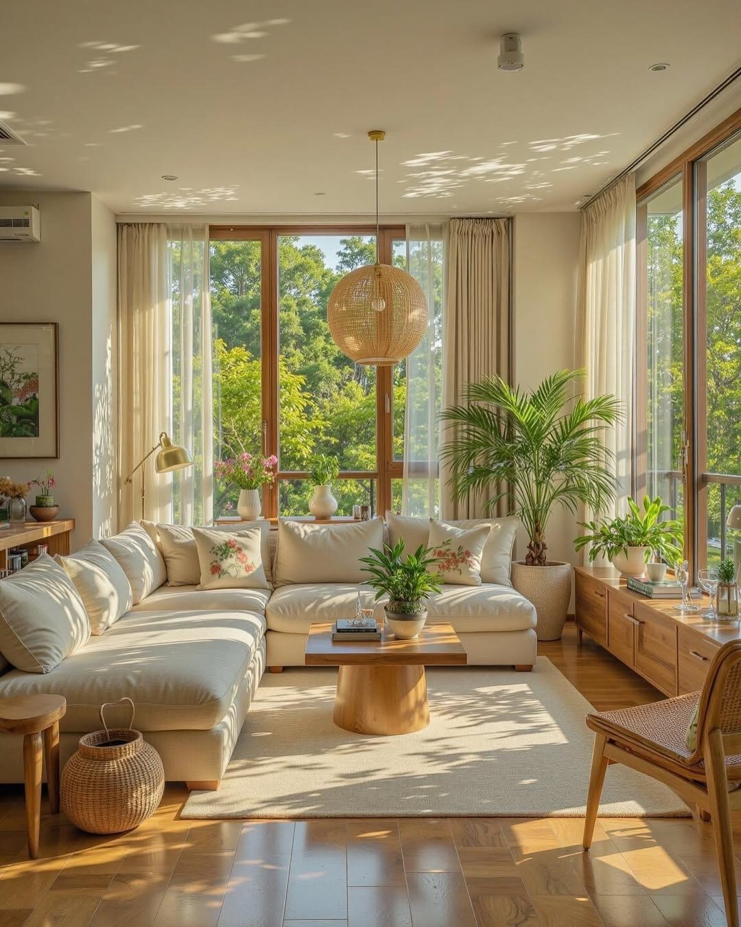 Bright living room with white sectional sofa and light sheer curtains over large windows