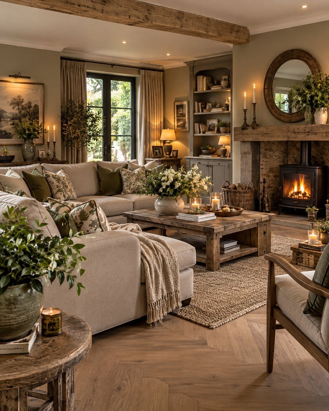Beige fabric sofas with a chunky knit throw in a rustic living room.
